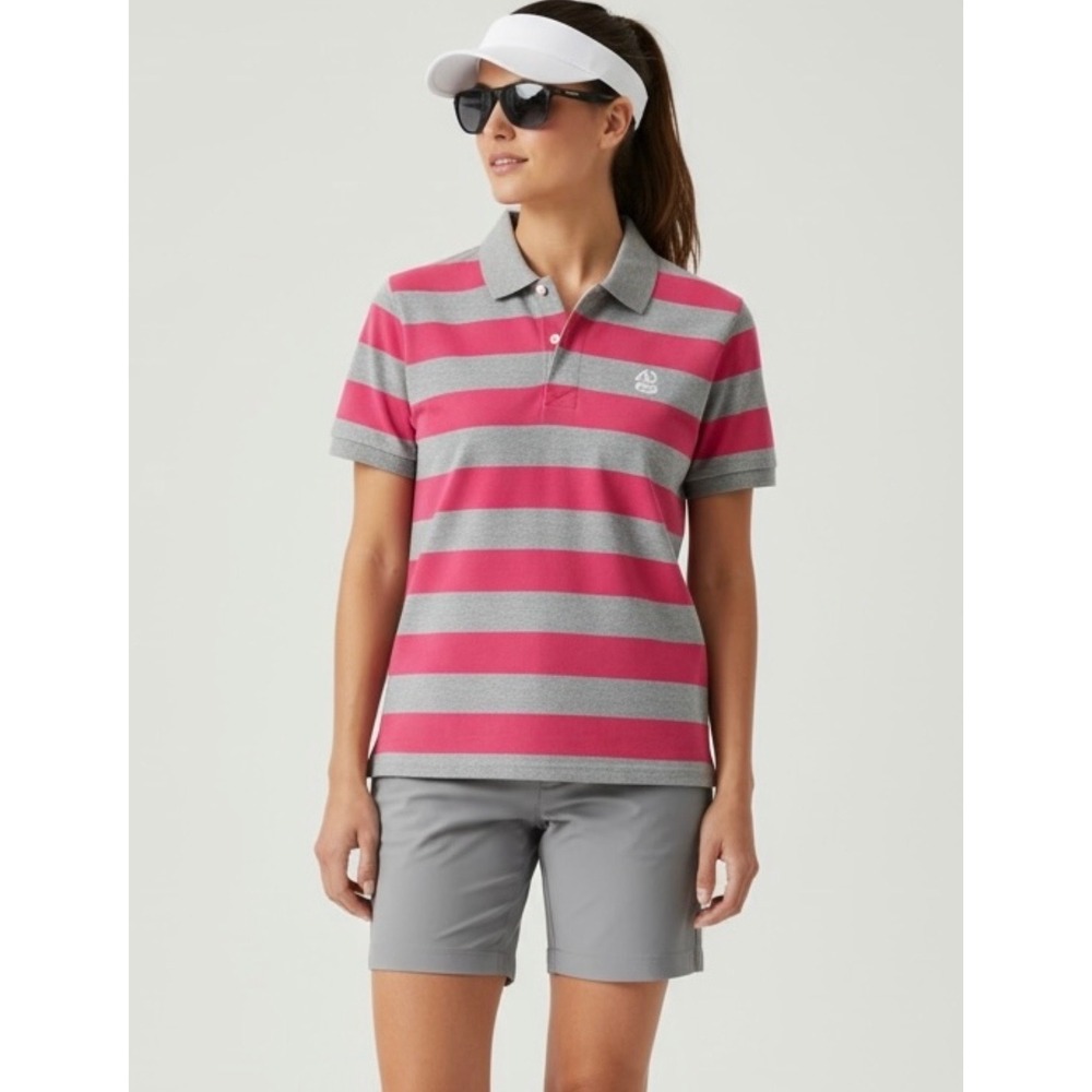 Nike Athletic Dept Women Medium Pink Grey Striped Polo Shirt Golf Short Sleeve